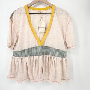 NWT Hem & Thread Mixed Media Babydoll Top Boho Plaid Peplum V-Neck Beige Pink L